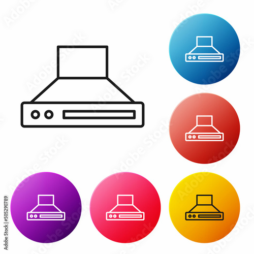 Black line Kitchen extractor fan icon isolated on white background. Cooker hood. Kitchen exhaust. Household appliance. Set icons colorful circle buttons. Vector