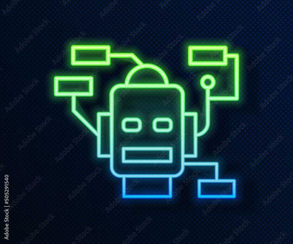 Glowing neon line Robot icon isolated on blue background. Artificial intelligence, machine learning, cloud computing. Vector Glowing neon line Robot icon isolated on blue background. Artificial intelligence, machine learning, cloud computing. Vector
