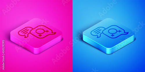Isometric line Gender equality icon isolated on pink and blue background. Equal pay and opportunity business concept. Square button. Vector