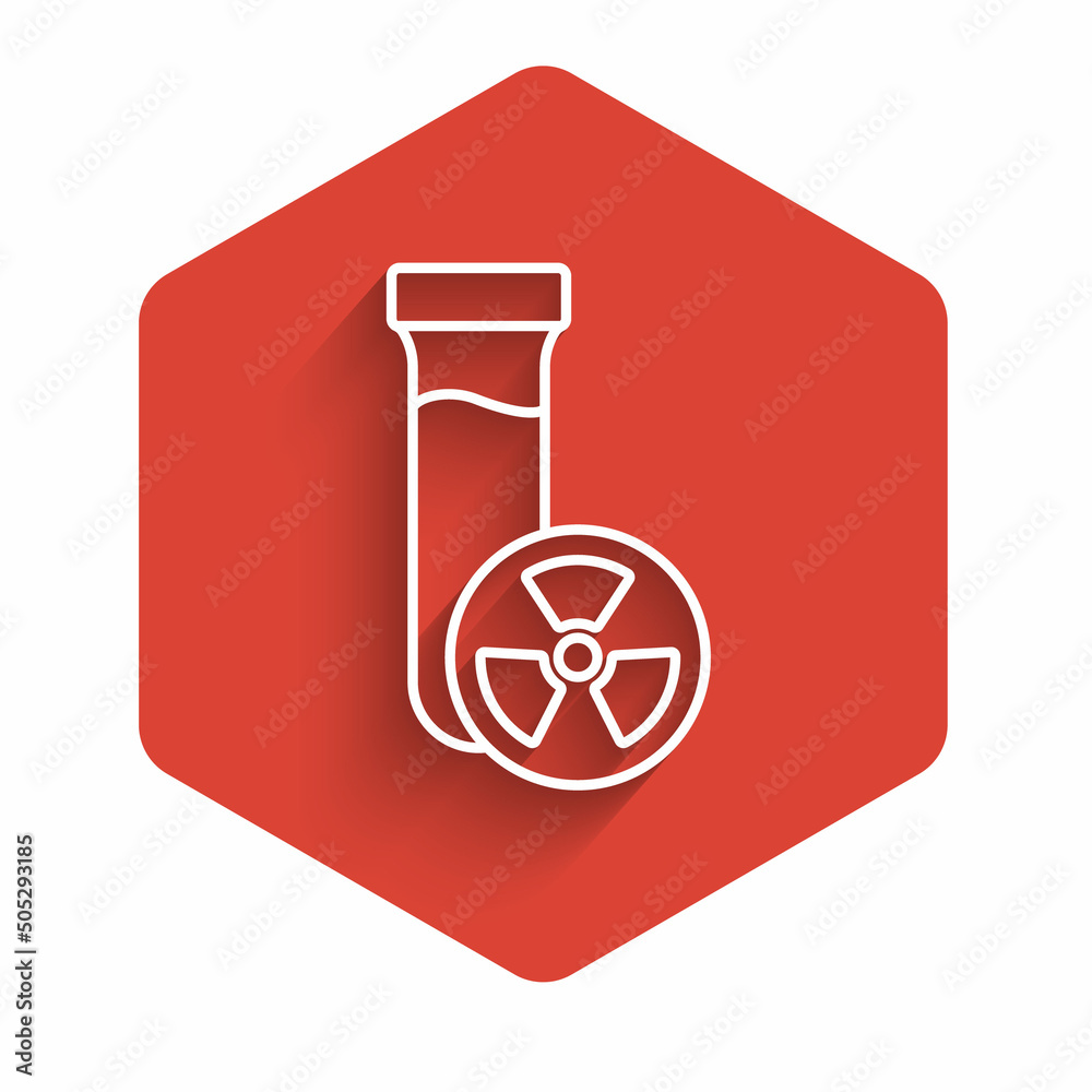White line Laboratory chemical beaker with toxic liquid icon isolated with long shadow background. Biohazard symbol. Dangerous symbol with radiation icon. Red hexagon button. Vector White line Laboratory chemical beaker with toxic liquid icon isolated with long shadow background. Biohazard symbol. Dangerous symbol with radiation icon. Red hexagon button. Vector