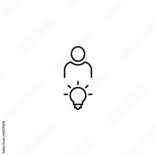 Black and white sign suitable for advertisement, web sites, stores, shops, apps. Editable stroke drawn with thin black line. Vector icon of user next to glowing light bulb