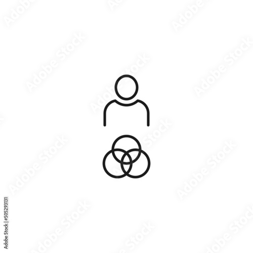 Black and white sign suitable for advertisement, web sites, stores, shops, apps. Editable stroke drawn with thin black line. Vector icon of user next to intersected circles