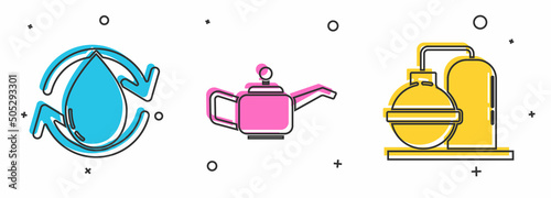Set Oil drop, Canister for motor machine oil and Oil and gas industrial factory building icon. Vector