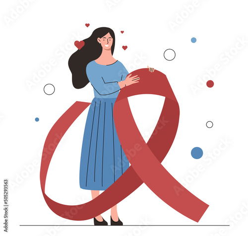 Breast Cancer Awareness Month concept. Young smiling woman stands next to ribbon. Strong female character takes care of health of mammary glands. Cartoon contemporary flat vector illustration