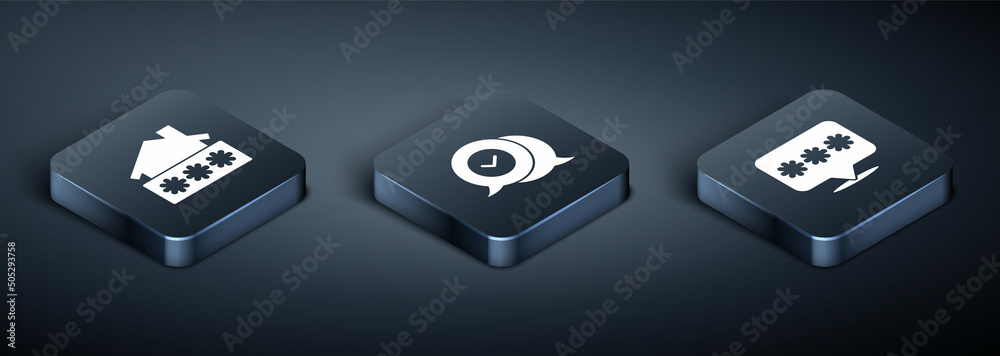 Set Isometric House with password, Password protection and Check mark in speech bubble icon. Vector Set Isometric House with password, Password protection and Check mark in speech bubble icon. Vector