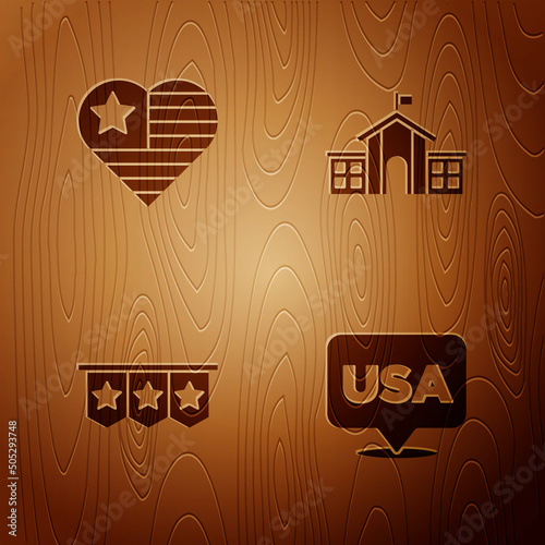 Set USA Independence day, , Carnival garland with flags and United States Capitol Congress on wooden background. Vector