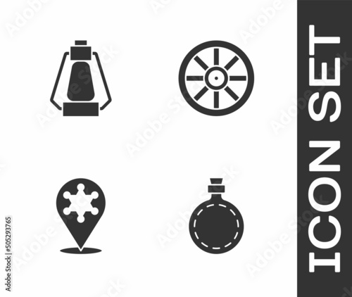 Set Canteen water bottle, Camping lantern, Hexagram sheriff and Old wooden wheel icon. Vector