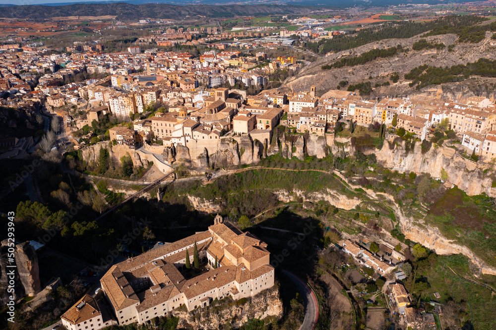 Drone photo of Spanish city Cuenca. World Heritage Site.