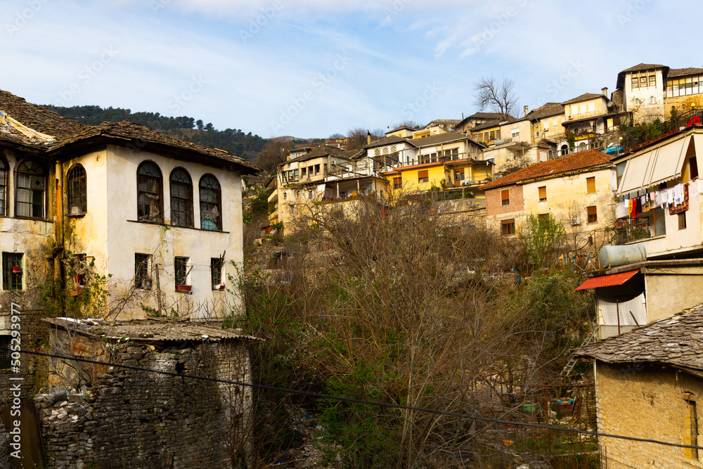 Aged buildings of Albanian old town Gjirokaster. Houses of Dunavat quarter.