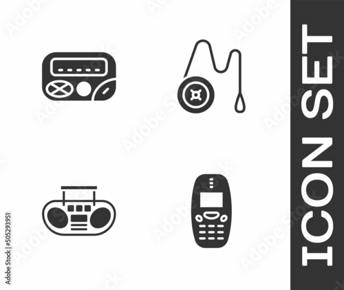 Set Old mobile phone, Pager, Home stereo with two speakers and Yoyo toy icon. Vector photo