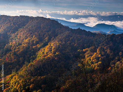 Mountains in fall color with low clouds in the Great Smoky Mountain National Park, Tennessee, USA. © Karlsson Photo