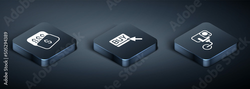 Set Isometric New price tag dollar, Security camera and Buy button icon. Vector
