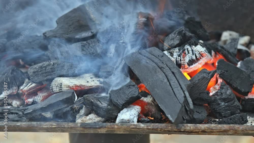Flame of fire from burning charcoal log in the bonfire on the BBQ grill