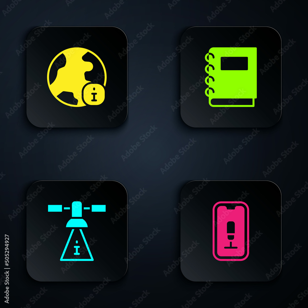 Set Mobile recording, World news, Satellite and Notebook. Black square button. Vector