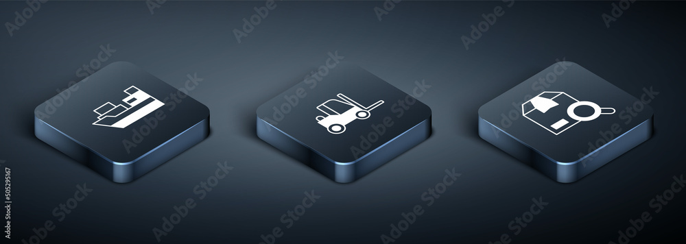 Set Isometric Cargo ship with boxes delivery, Search package and Forklift truck icon. Vector Set Isometric Cargo ship with boxes delivery, Search package and Forklift truck icon. Vector