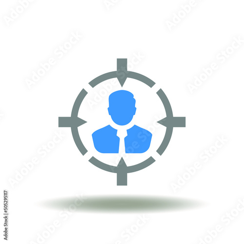Vector illustration of aim with business man. Icon of client first. Symbol of customer focus.