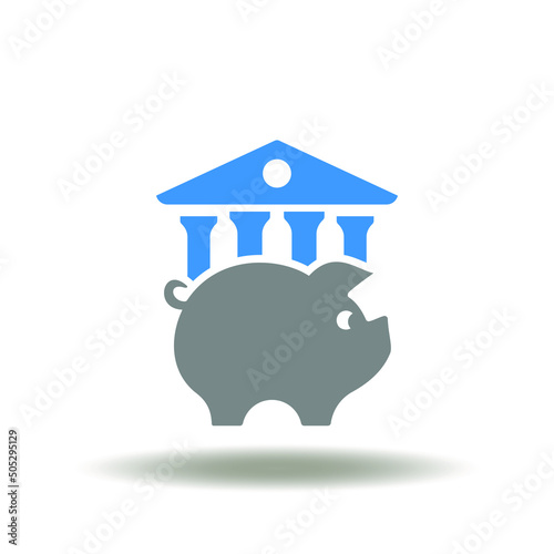 Vector illustration of piggy bank with administrative public build of bank or courthouse. Symbol of dividend. Icon of capital invest.