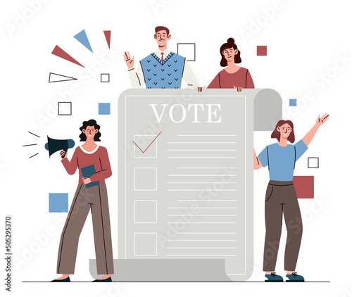 Election events concept. Democracy, politics and free government elections. Men and women agitate citizens and invite them to vote. Bulletin and expression of opinion. Cartoon flat vector illustration