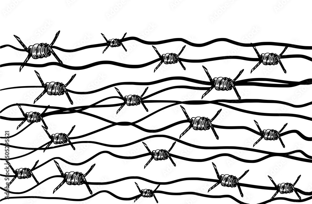 Barbed wire on a white background. Stock illustration with a fence in a protected area. The concept of military barracks, prison, border, prohibition, cruel laws, dictatorship, media restriction. Barbed wire on a white background. Stock illustration with a fence in a protected area. The concept of military barracks, prison, border, prohibition, cruel laws, dictatorship, media restriction.