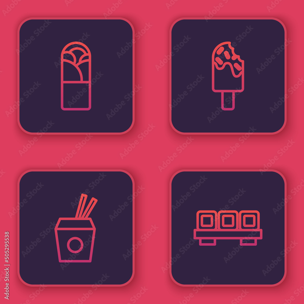 Set line Doner kebab, Asian noodles and chopsticks, Ice cream and Sushi cutting board. Blue square button. Vector Set line Doner kebab, Asian noodles and chopsticks, Ice cream and Sushi cutting board. Blue square button. Vector