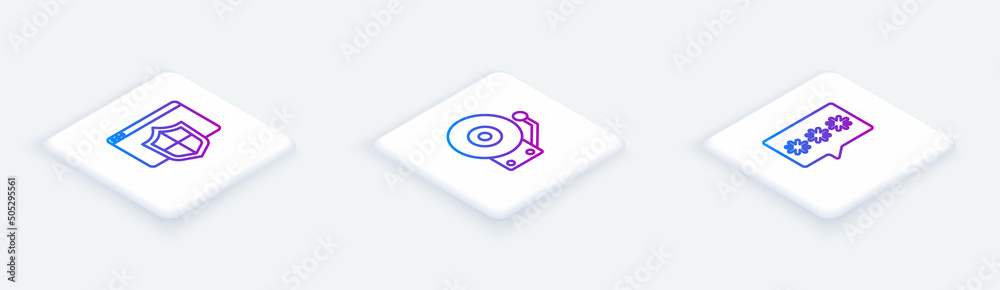 Set Isometric line Browser with shield, Ringing alarm bell and Password protection. White square button. Vector Set Isometric line Browser with shield, Ringing alarm bell and Password protection. White square button. Vector