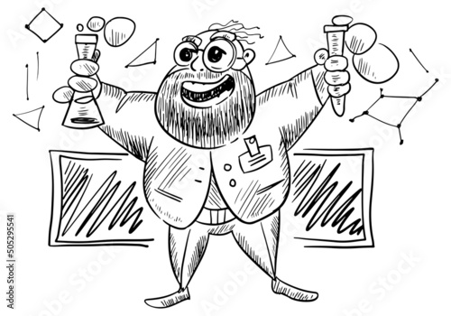 Bearded scientist sketch in glasses on a white background. Illustration with a mad chemist holding reagent flasks. Cheerful chemistry teacher character in linear style. Professor vector illustration.