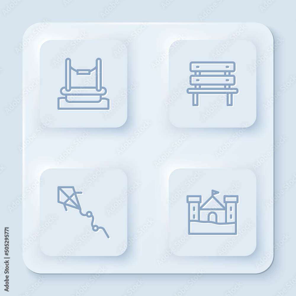 Set line Bungee, Bench, Kite and Sand castle. White square button. Vector Set line Bungee, Bench, Kite and Sand castle. White square button. Vector