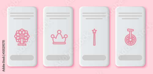 Set line Ferris wheel, Jester hat with bells, Magic wand and Unicycle or one bicycle. White rectangle button. Vector