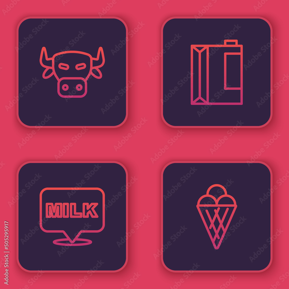 Set line Cow head, Lettering milk, Paper package for kefir and Ice cream waffle cone. Blue square button. Vector Set line Cow head, Lettering milk, Paper package for kefir and Ice cream waffle cone. Blue square button. Vector