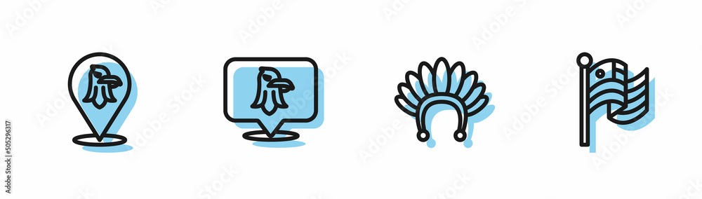 Set line Indian headdress with feathers, Eagle, and American flag icon. Vector Set line Indian headdress with feathers, Eagle, and American flag icon. Vector
