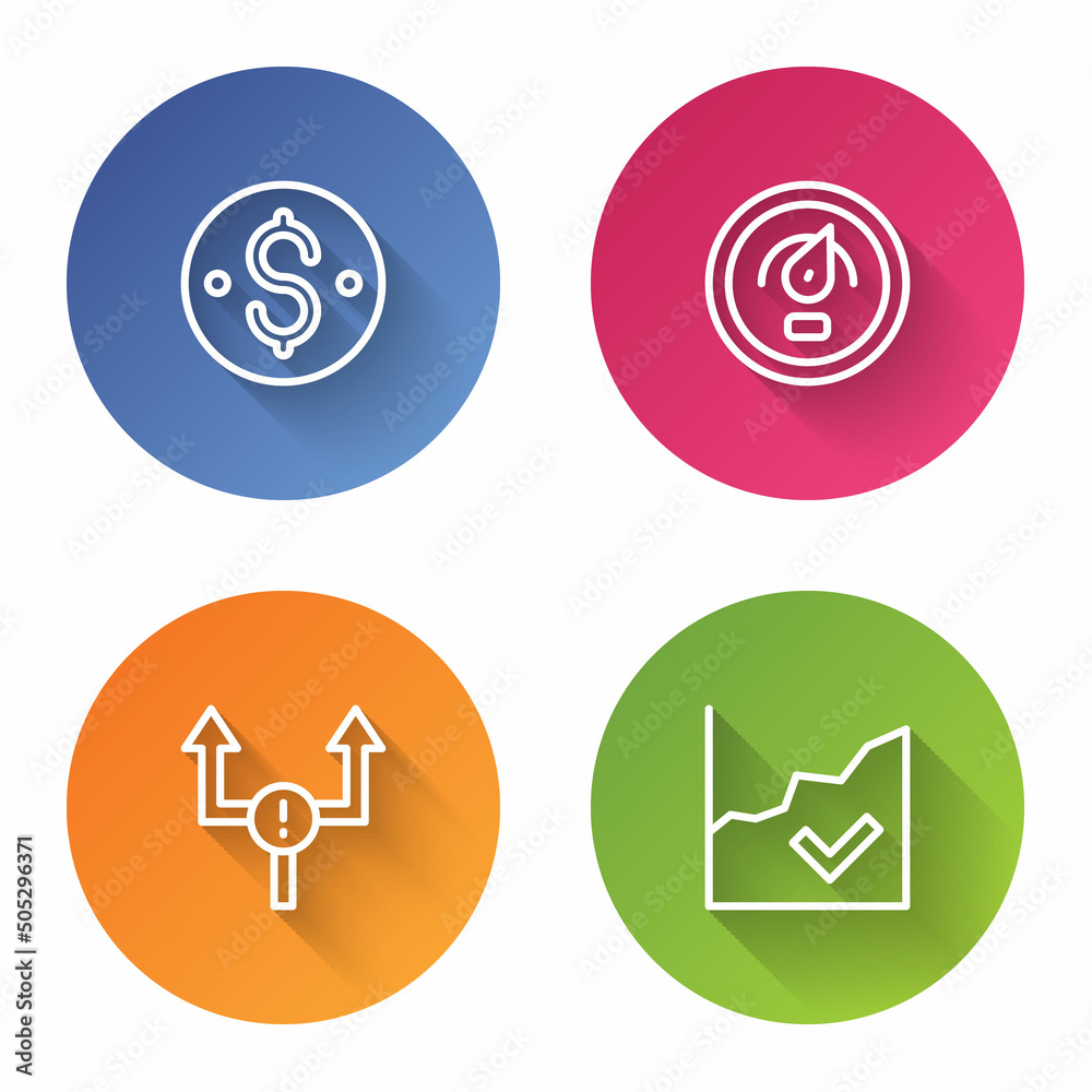 Set line Dollar symbol, Digital speed meter, Arrow and Financial growth increase. Color circle button. Vector Set line Dollar symbol, Digital speed meter, Arrow and Financial growth increase. Color circle button. Vector