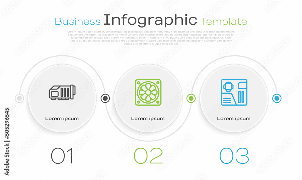 Set line Video graphic card, Computer cooler and Motherboard digital chip. Business infographic template. Vector