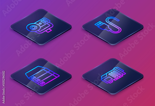 Set Isometric line Web camera, Server, Data, Hosting, USB cable cord and Video graphic card. Blue square button. Vector