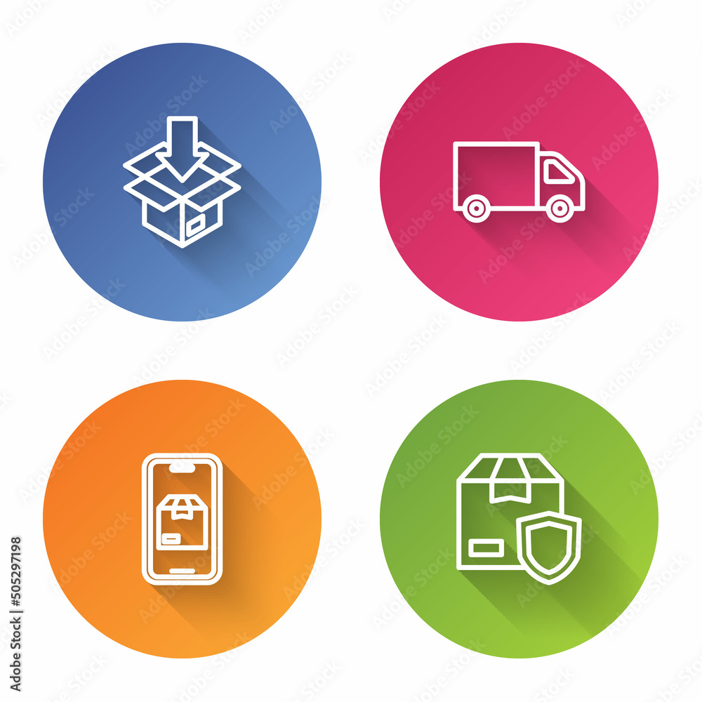 Set line Carton cardboard box, Delivery cargo truck, Mobile app delivery tracking and security with shield. Color circle button. Vector Set line Carton cardboard box, Delivery cargo truck, Mobile app delivery tracking and security with shield. Color circle button. Vector