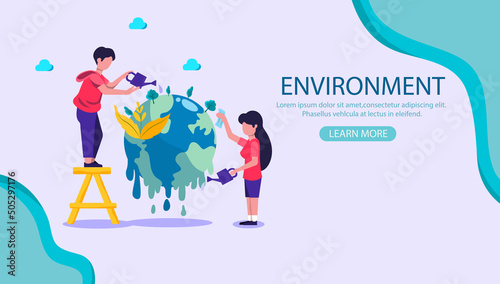 flat illustration, web banner concept, Boys and girls are saving the environment by watering the big world. It is a very good prevention of global warming.