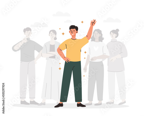 Stand out concept. Man stands out from crowd, metaphor for leader. Motivational poster or banner. Bright and famous personality, self confident entrepreneur. Cartoon flat vector illustration