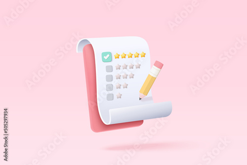 3d clipboard rating five stars for best excellent rating. 5 star for quality customer rating feedback concept. clipboard task todo check list, product review icon. 3d vector render illustration