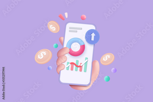 3D vector hand holding mobile isolated on pastel purple background. Hand using funding business graph on application under creative solution concept in 3D vector. 3d trading for business investment