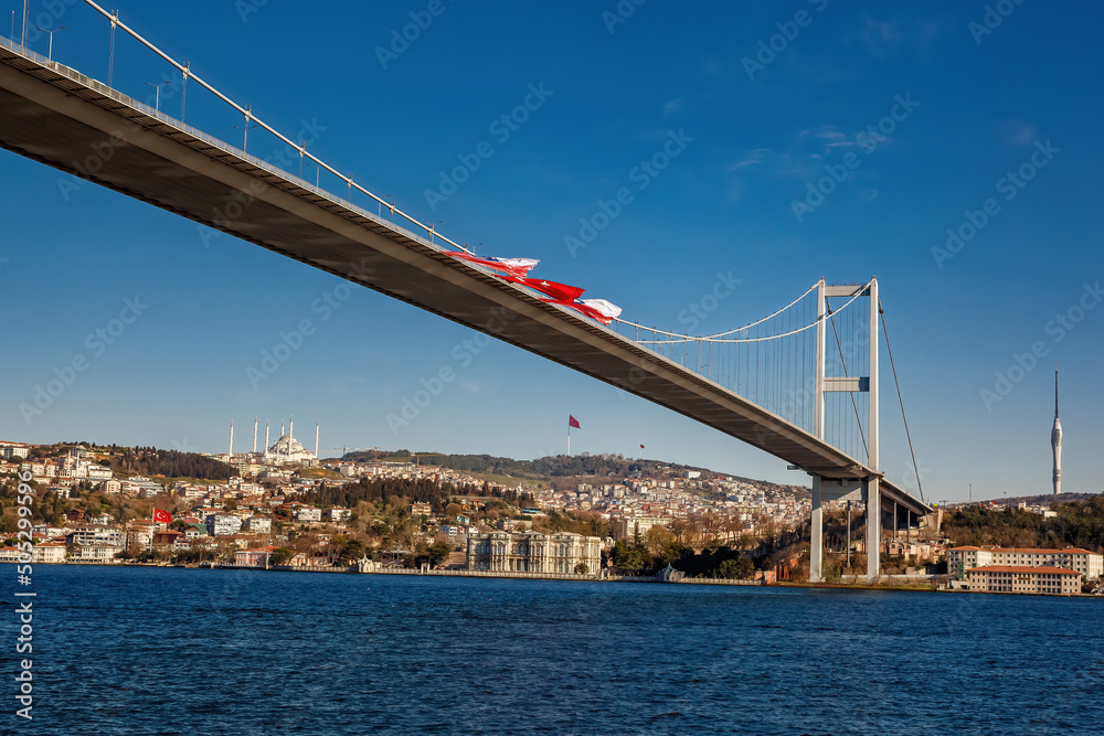Fototapeta premium Bottom view from the boat of the Bosphorus Bridge in Istanbul, Turkey.