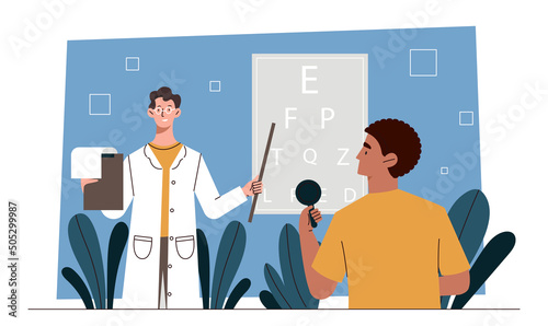 Ophthalmologist checking sight. Young guy came to doctor, examination and diagnosis. Person closes one eye and calls letters that specialist with pointer shows. Cartoon flat vector illustration