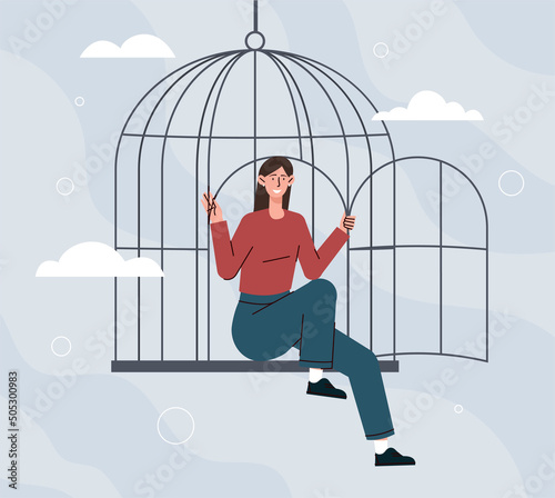 Person opening cage. Young girl copes with internal problems. Mental health and psychology, fruitful or prisoner of wrong beliefs and fears. Self development metaphor. Cartoon flat vector illustration