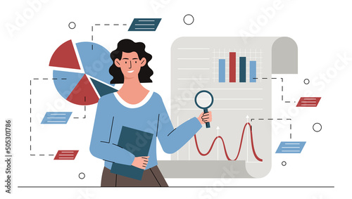Task analysis concept. Girl with magnifying glass looks at graphs and charts. Work with statistics and electronic archive, digital world and market research. Cartoon flat vector illustration