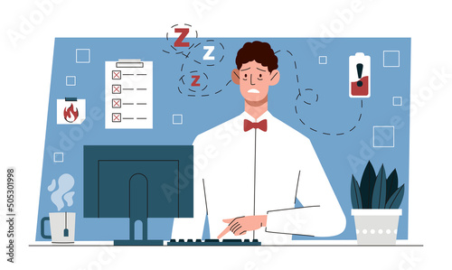 Tired man working. Young guy in panic at computer at night, employee trying to be in time for deadline. Emotional burnout and pressure, poor time management. Cartoon flat vector illustration