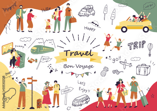旅行をする人達と可愛らしい手描きイラストセット	