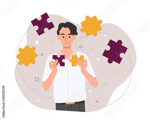 Man connecting puzzles. Metaphor of logical thinking and creative process, brain work and creative character. Abstract poster banner, insight, intuition concept. Cartoon flat vector illustration