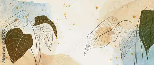 Abstract botanical art background in watercolor. Luxury banner with plant leaves in line style with gold glitter for wallpaper, wall, packaging, decor