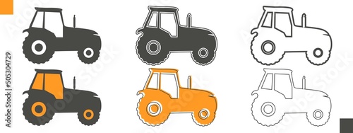 Agricultural machinery set. Vehicle for field farm work. Isolated industrial tractor transport icon collection. Different variants of the same tractor icon.