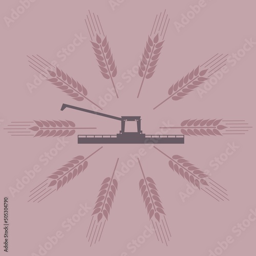 Harvesting machine working in the field. Combine harvester agricultural machine in the circle of ripe wheat radial rays. Agricultural emblem