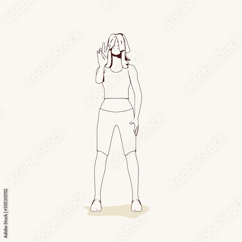 Standing woman. Sport girl illustration. Casual sportwear - t-shirt, breeches and sneakers. Young woman wearing workout clothes. Sport fashion girl outline in urban casual style.