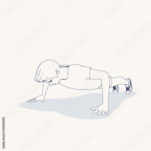 Young male workout. Sport man doing push up exercise. Casual sportwear - t-shirt, breeches and sneakers. Young man wearing workout clothes. Sport fashion boy outline in urban casual style.